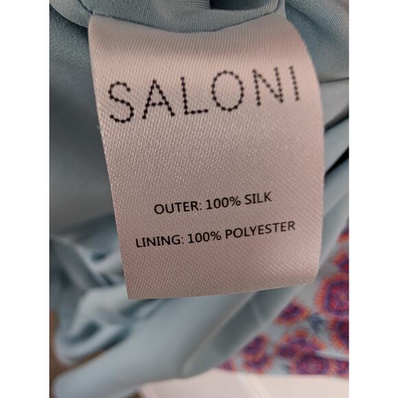 Saloni Midi Dress Adrienne Ciel Dragonfruit Ruffle Silk Floral Blue Size 4 - Picture 9 of 13